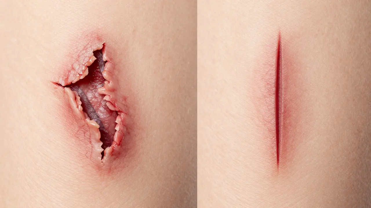 Close-up comparison of a jagged laceration and a clean incision on skin