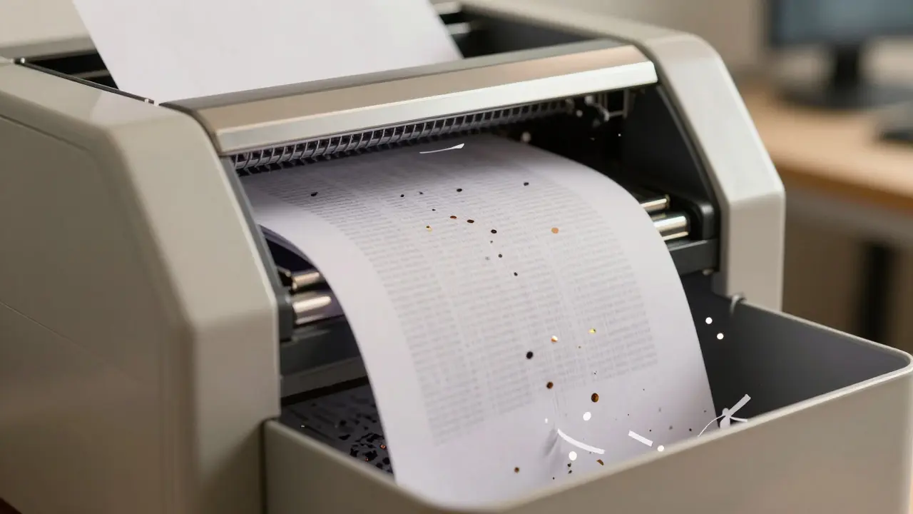 Close-up of a cross-cut shredder destroying paper documents into small particles