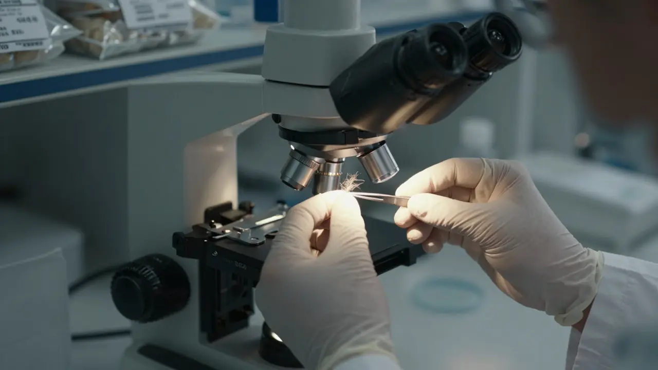 Close-up of a forensic analyst examining a fiber under a microscope in a dimly lit lab