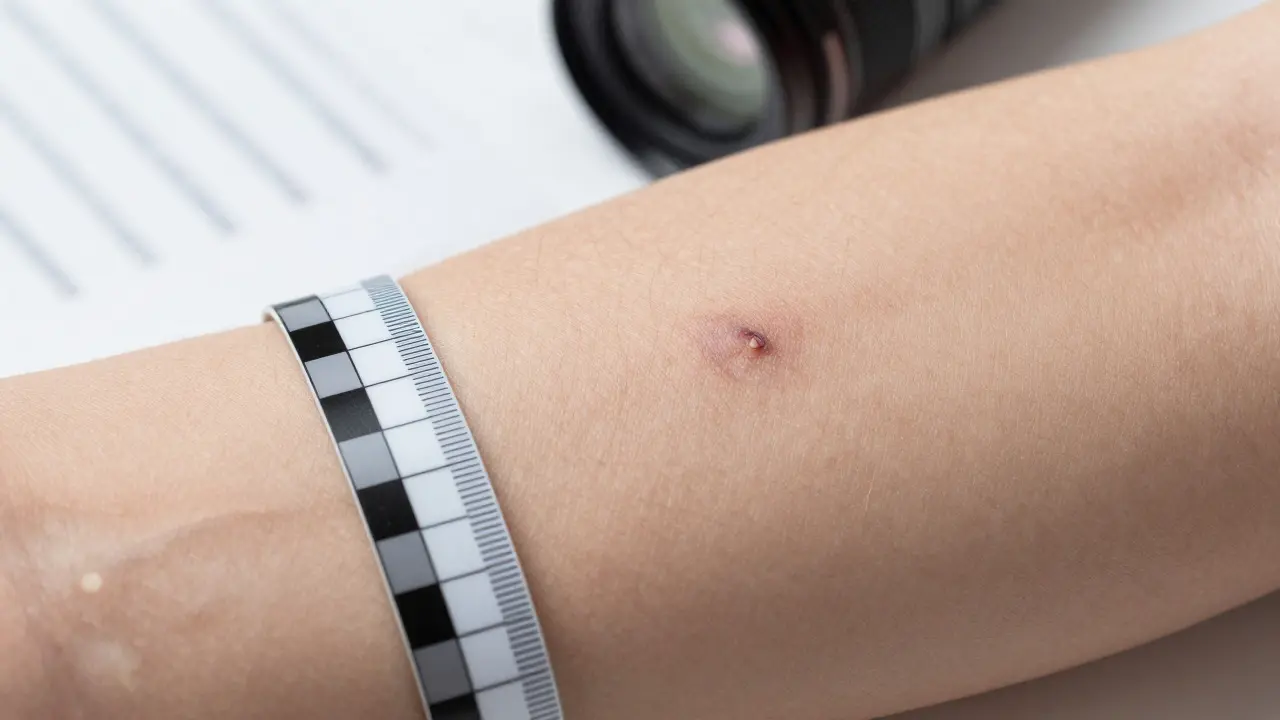 Close-up of a forensic scale marker next to a scar on a person's arm