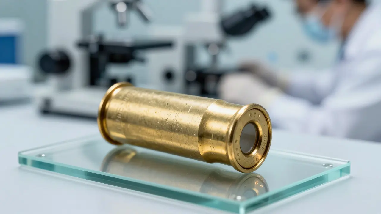 Close-up of a forensic scientist examining microscopic striations on a bullet casing
