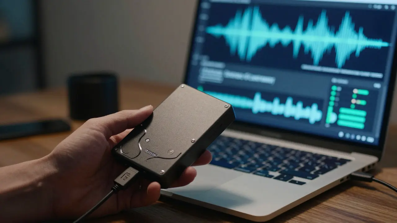 Close-up of a hand holding an external hard drive connected to a laptop