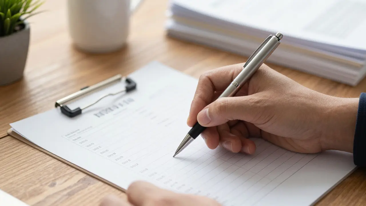 Close-up of a hand writing on a checklist in a professional office setting