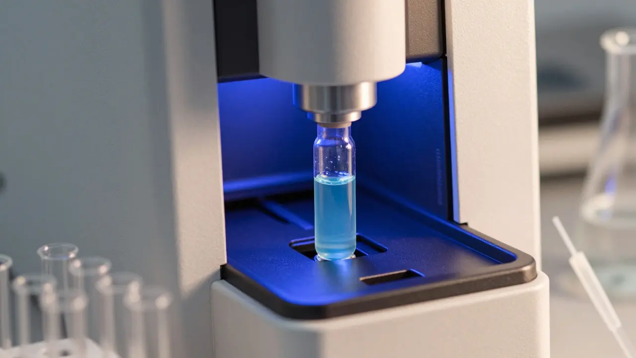 Close-up of a laboratory HPLC machine analyzing a liquid sample in a vial