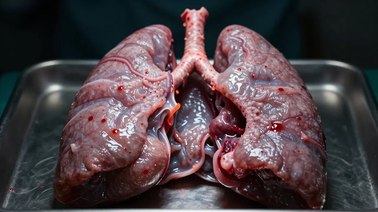 Close-up of a lung showing signs of pulmonary edema and micro-hemorrhages
