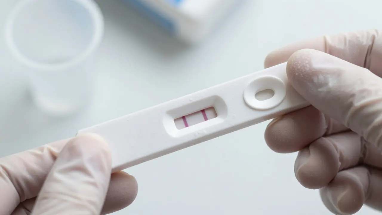 Close-up of a positive lateral flow drug test strip held by gloved hands