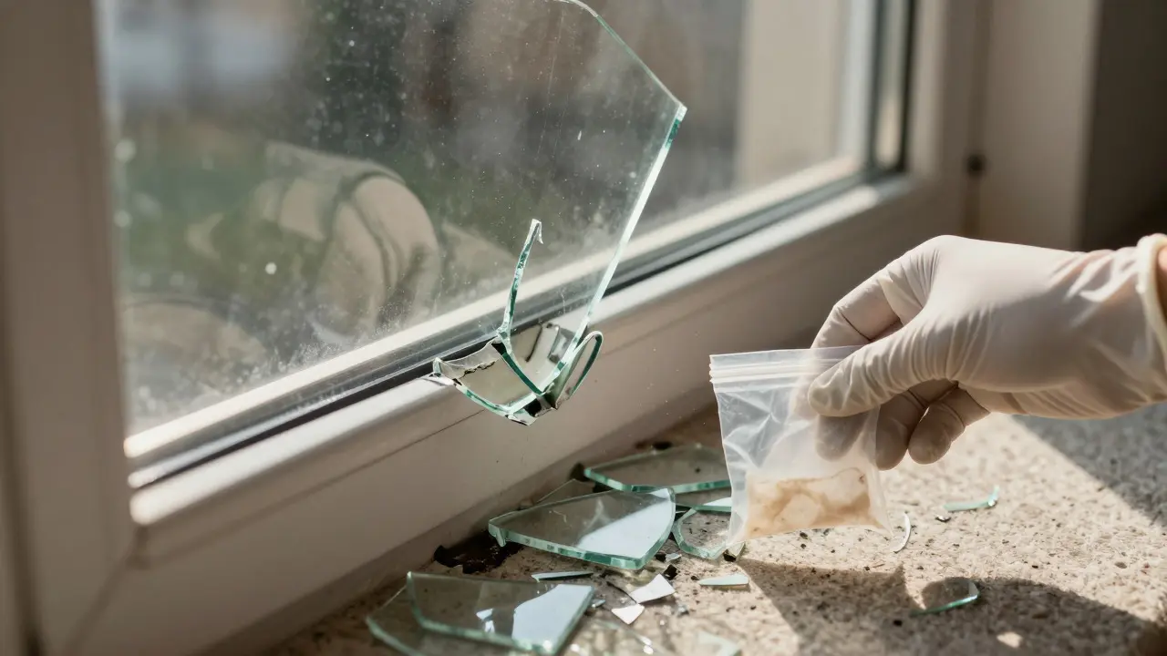 Close up of a shattered window pane with glass fragments on the sill