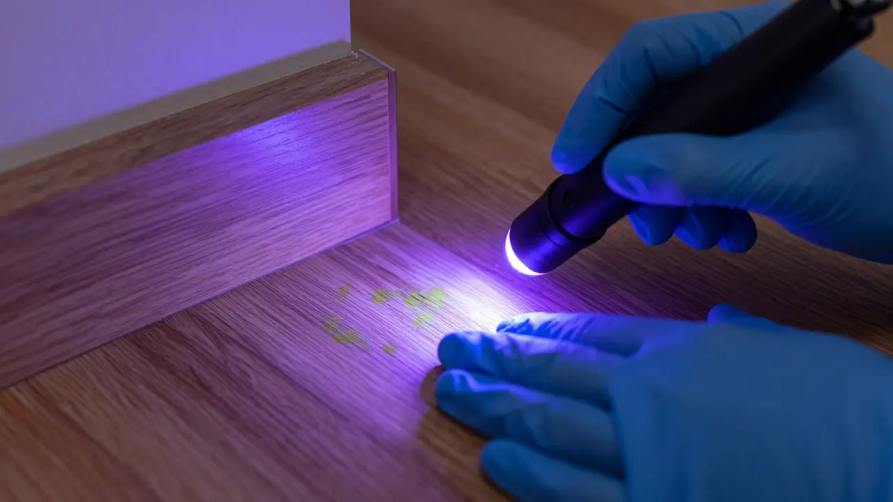 Close-up of a UV light revealing hidden biological contamination on a floor