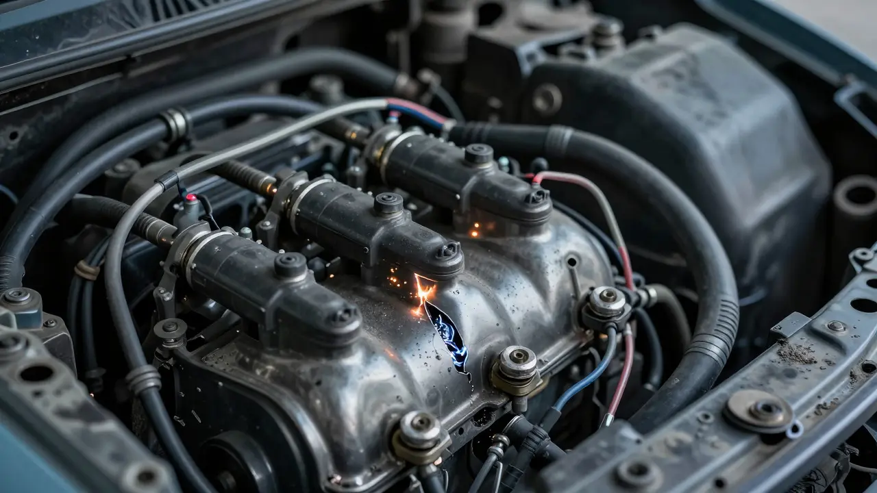 Close-up of arcing marks on damaged vehicle wiring harness