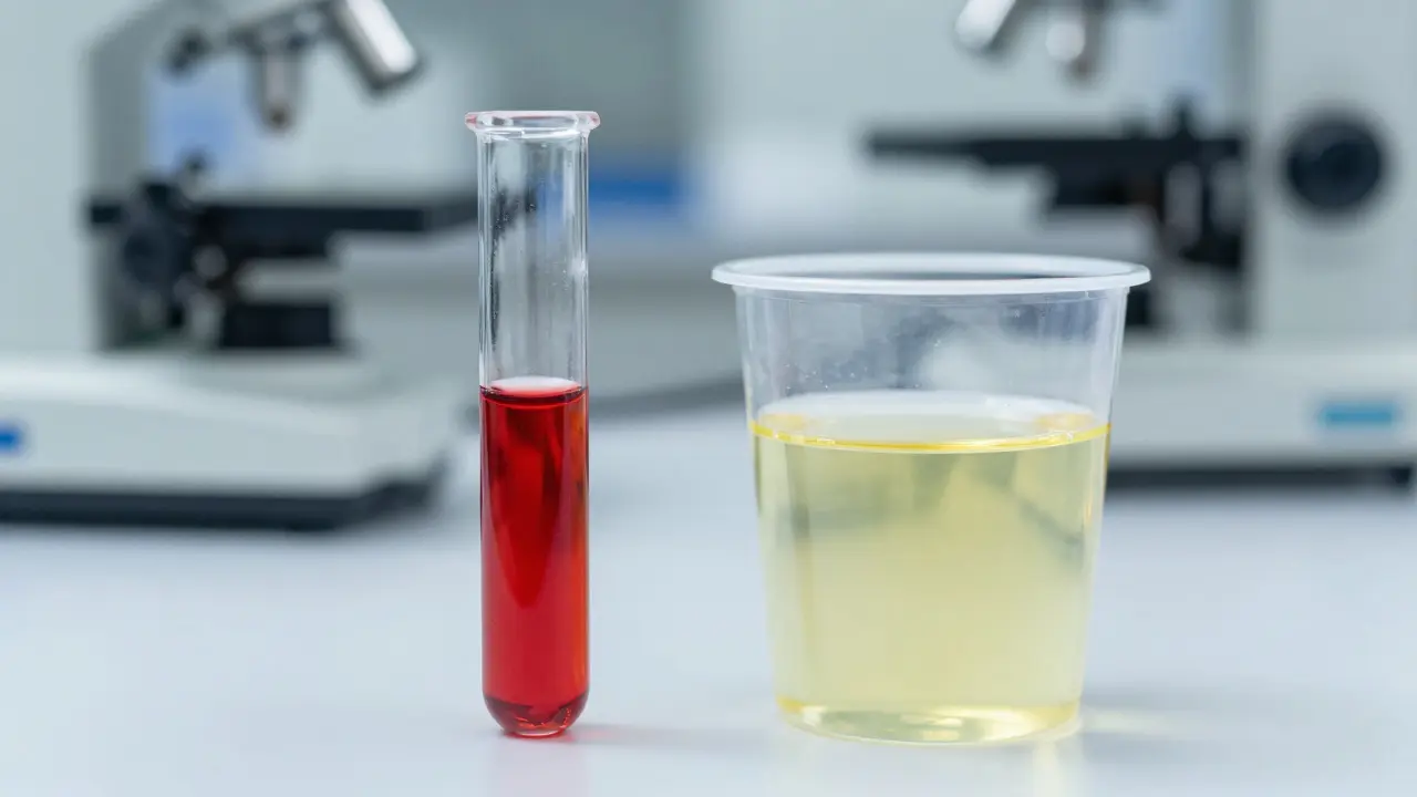 Close-up of blood and urine samples in a forensic laboratory setting