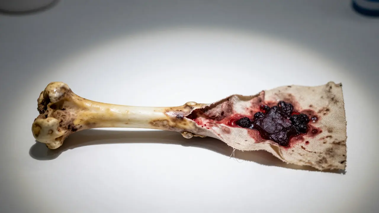 Close-up of degraded bone fragment and dried bloodstain on a lab bench