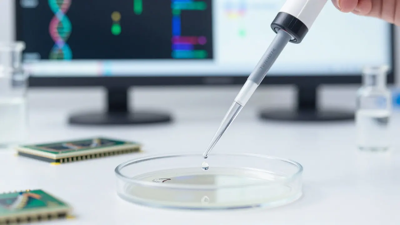 Close-up of DNA sample being processed in a scientific microplate