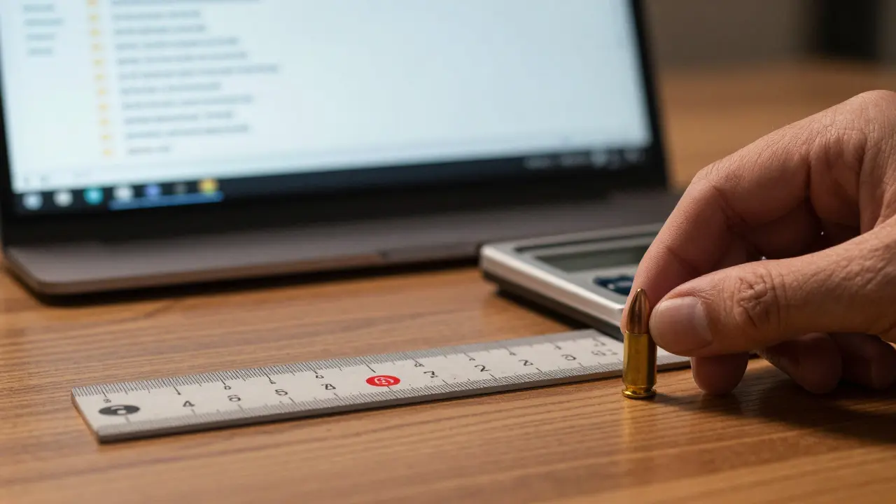 Close-up of evidence scale ruler next to a bullet fragment with a blurred computer screen in background