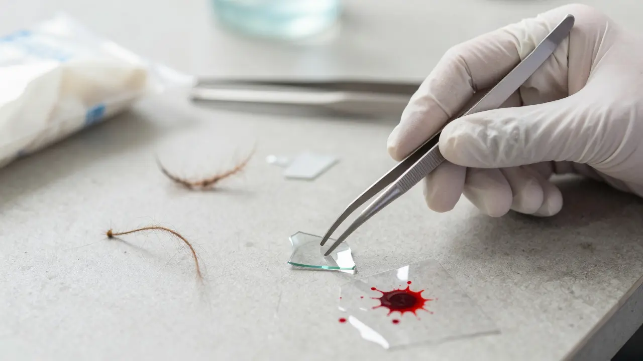 Close-up of gloved hands collecting microscopic evidence