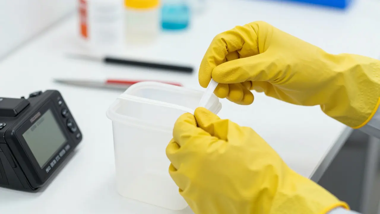 Close-up of gloved hands sealing a sharps container during cleanup