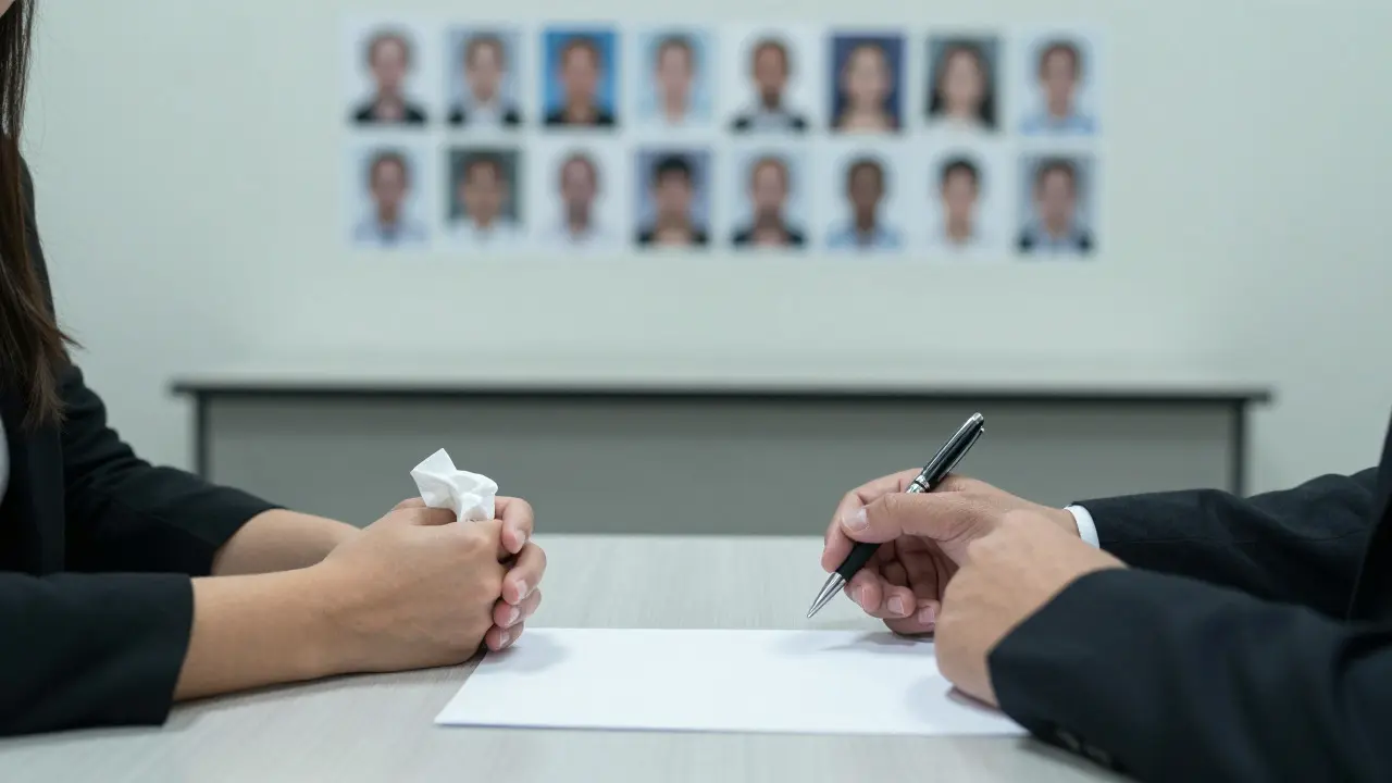 Close up of hands during a witness interview with a blank paper on the table