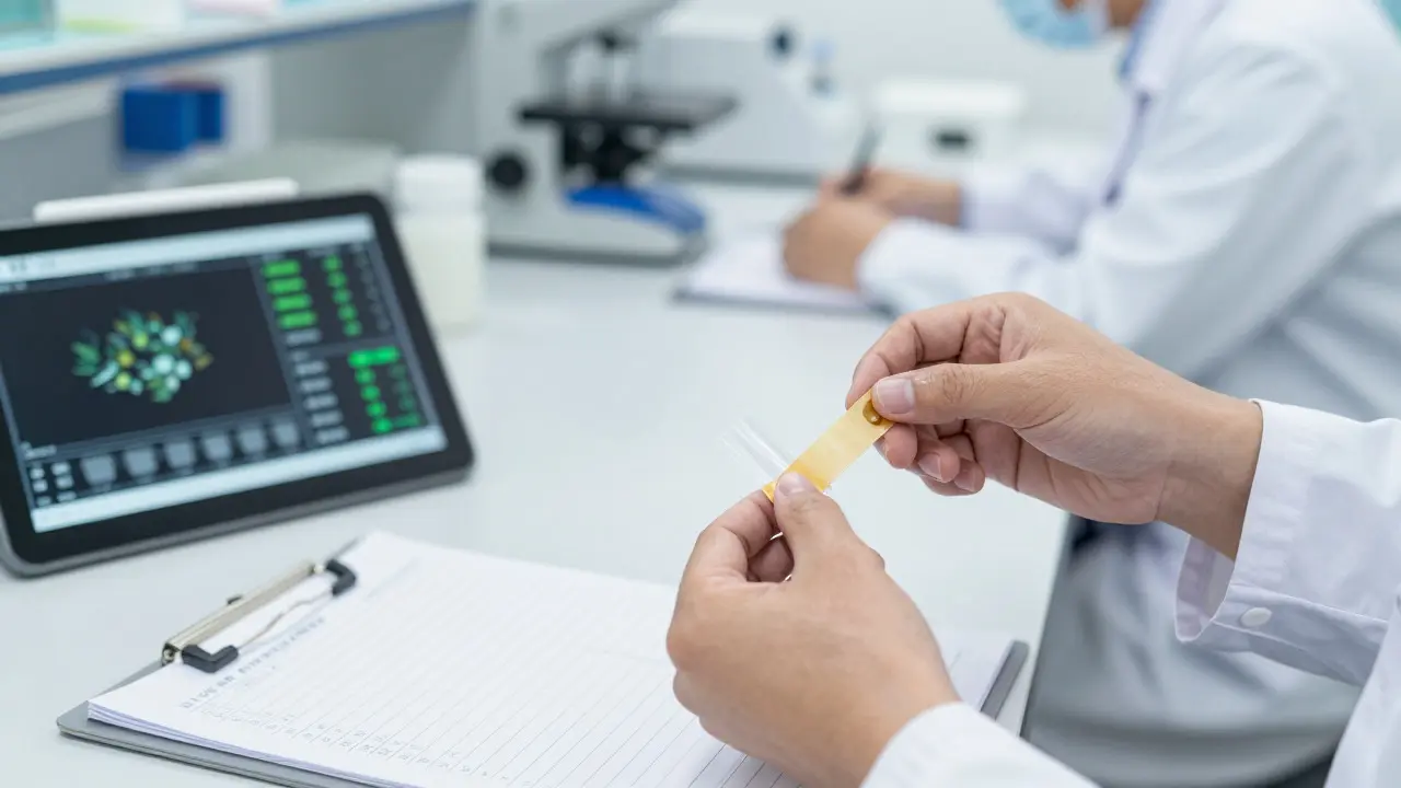 Close-up of hands sealing an evidence bag next to a digital monitoring dashboard in a lab