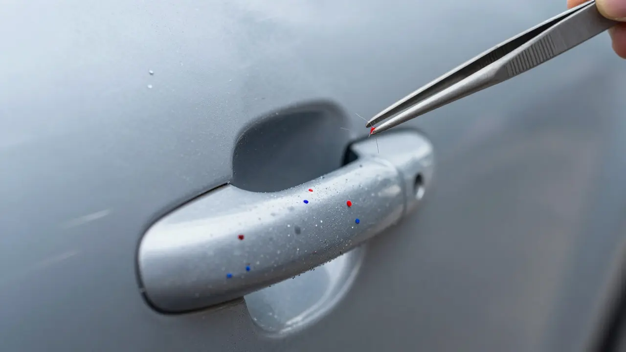 Close-up of tweezers collecting paint chips and fibers from a car door handle and bumper.