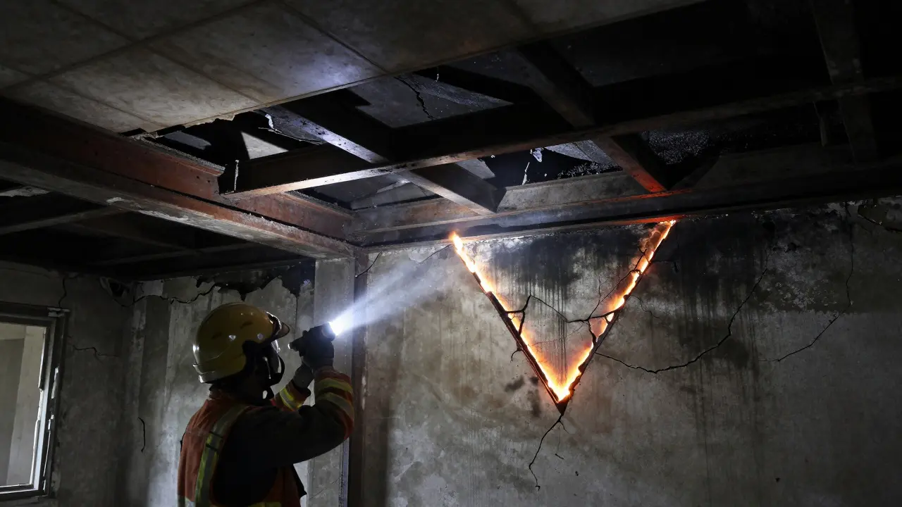 Close view of structural hazards and flame spread patterns inside a burned room