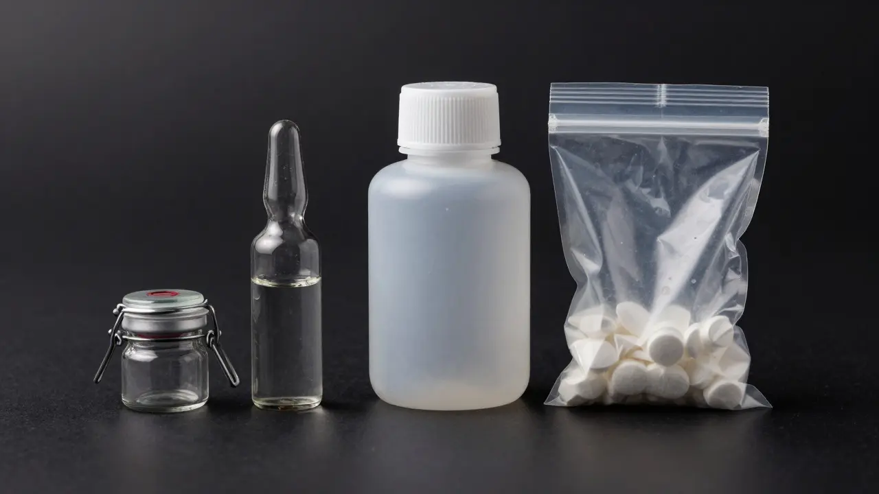 Comparison of glass vials, PTFE-capped bottles, and double-bagged evidence containers
