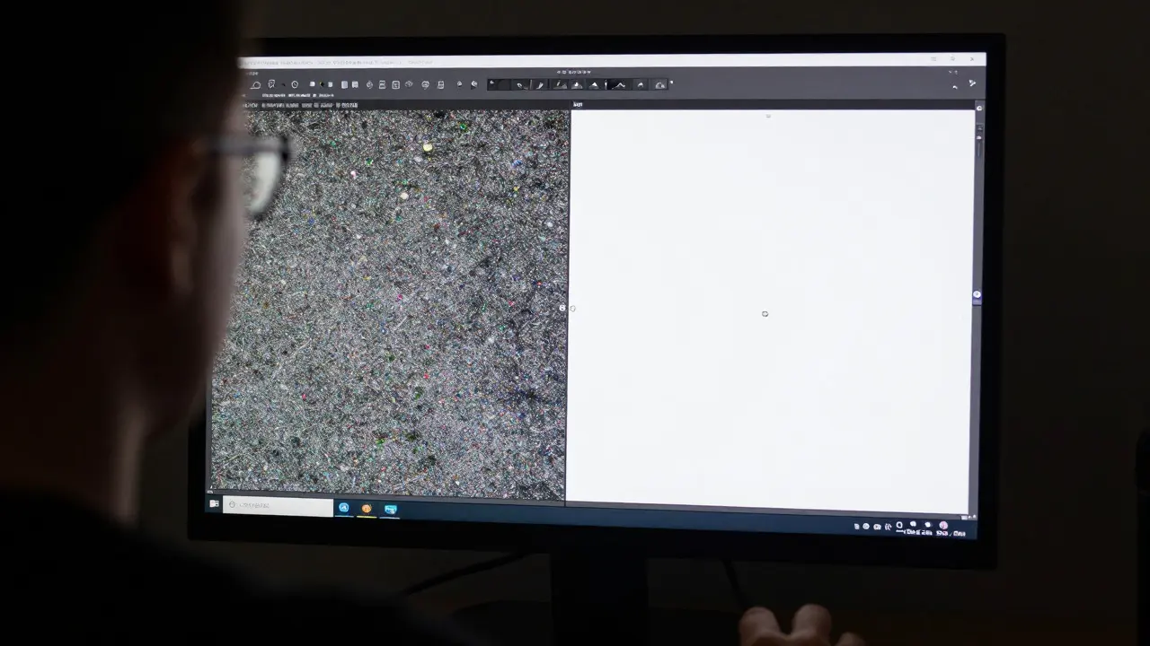 Computer screen showing a before-and-after comparison of noise reduction in photo editing