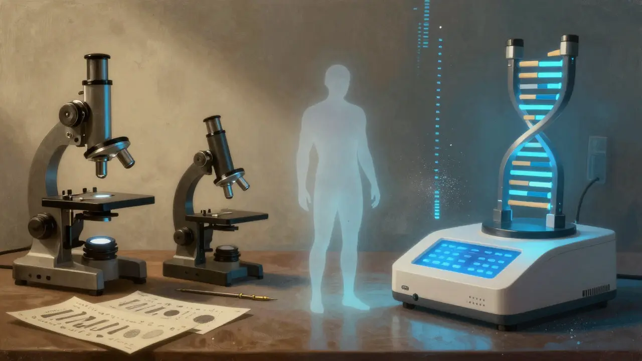 Conceptual art contrasting vintage forensic tools with modern DNA technology