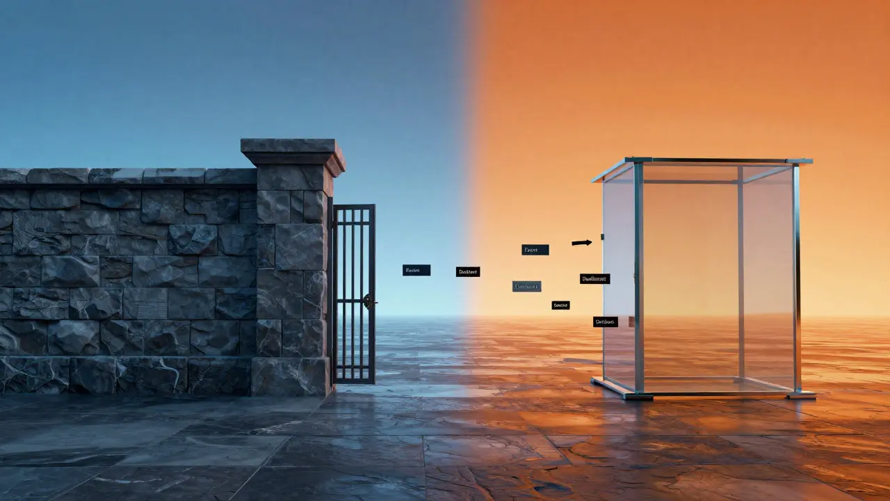 Conceptual art depicting a stone wall versus a glass structure, representing different legal evidentiary standards