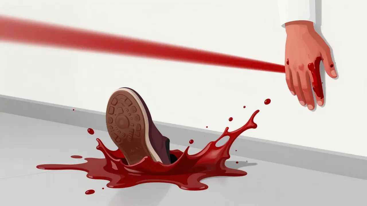 Conceptual art illustrating a shoe moving through a blood pool creating a swipe and a hand wiping a wall.