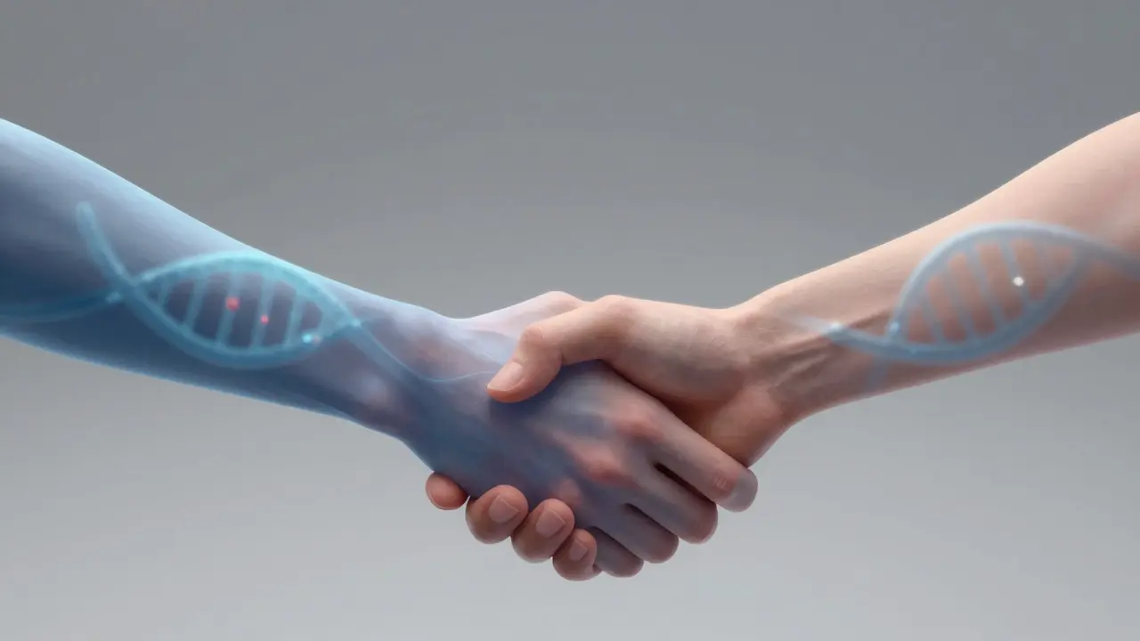 Conceptual art showing DNA transferring during a handshake between two people