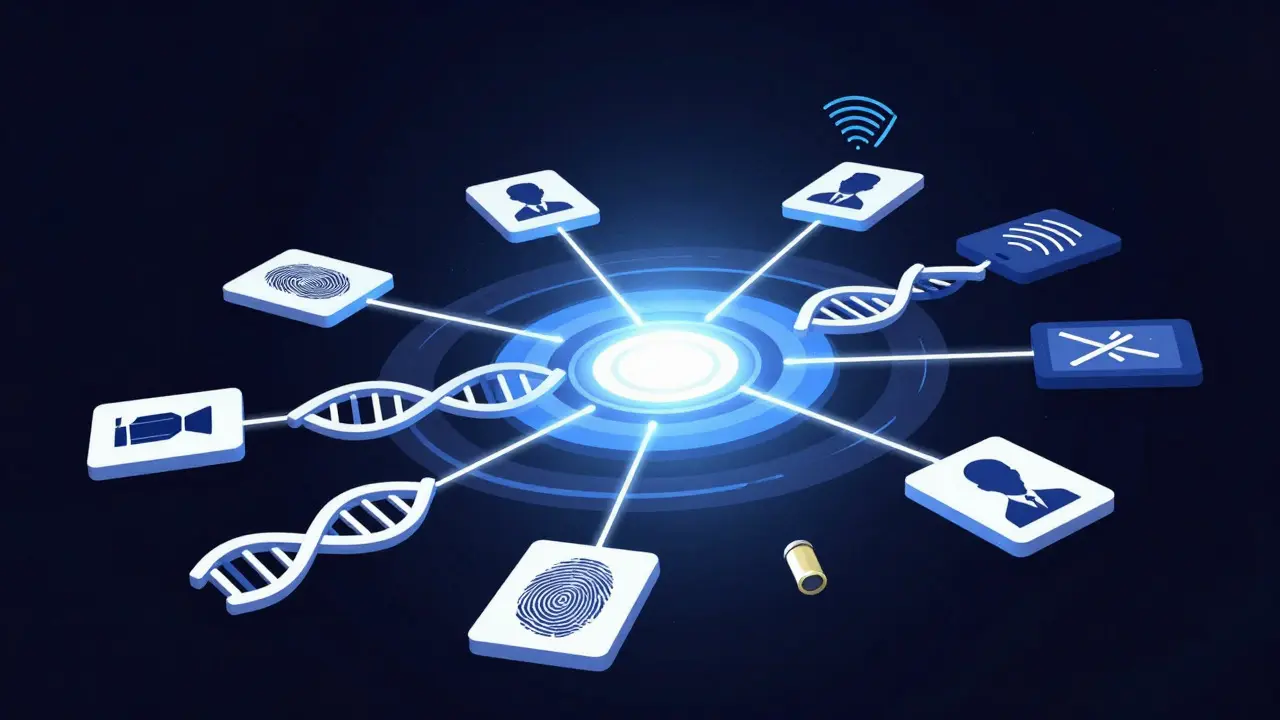 Conceptual art showing interconnected evidence symbols like DNA and fingerprints