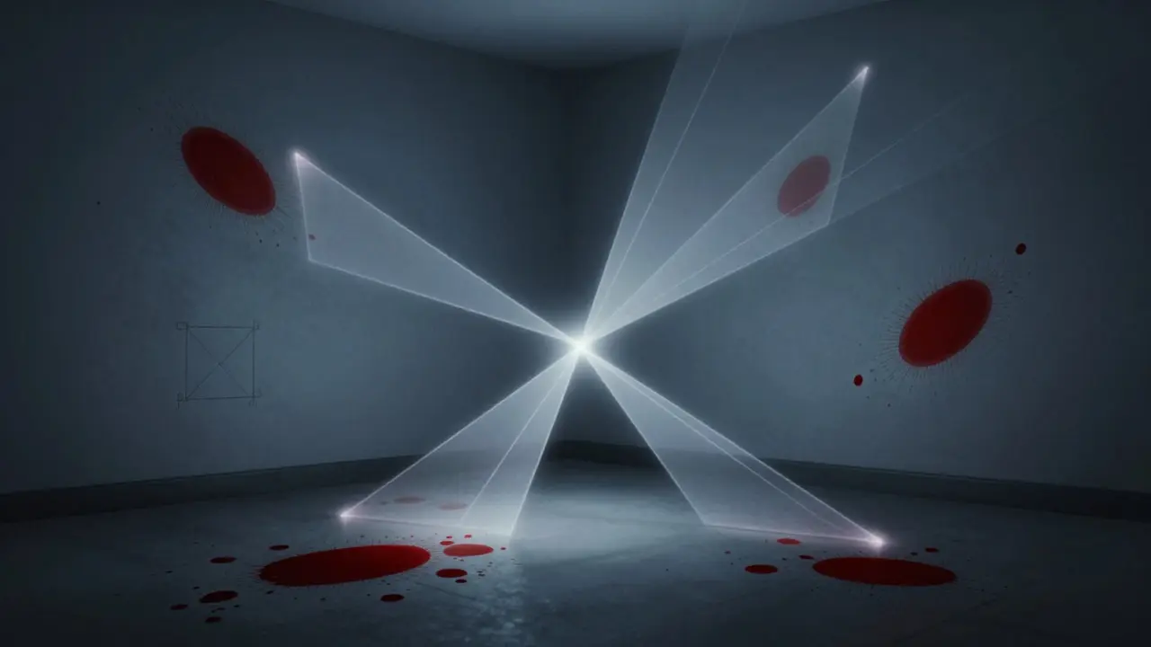 Conceptual art showing light beams converging to identify the source of blood spatter