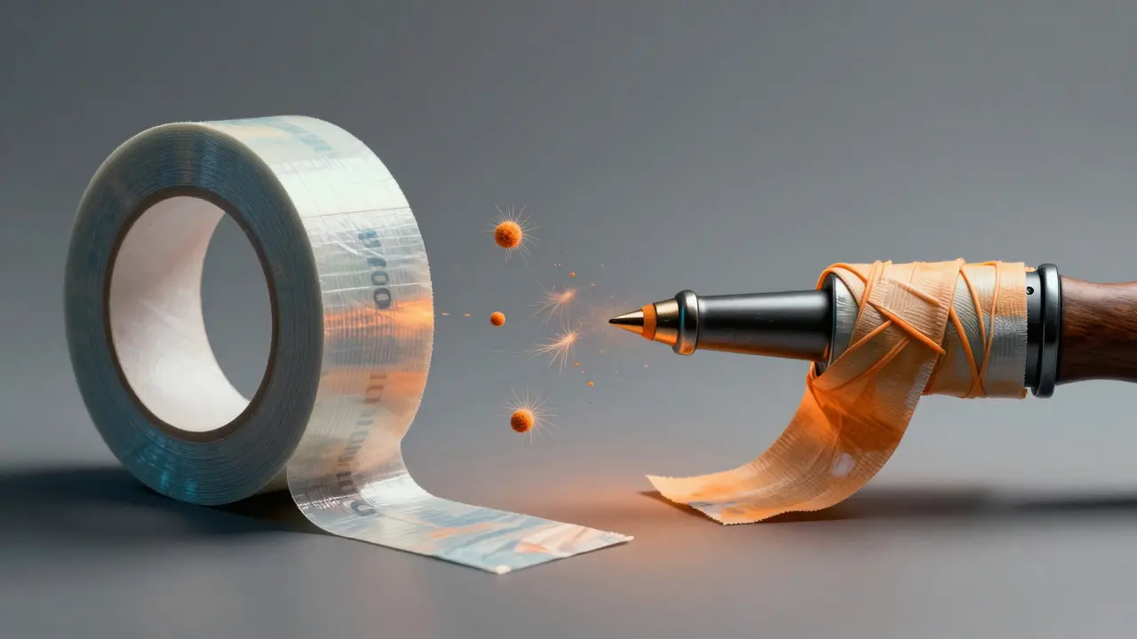 Conceptual art showing microscopic fibers transferring between tape and a weapon handle