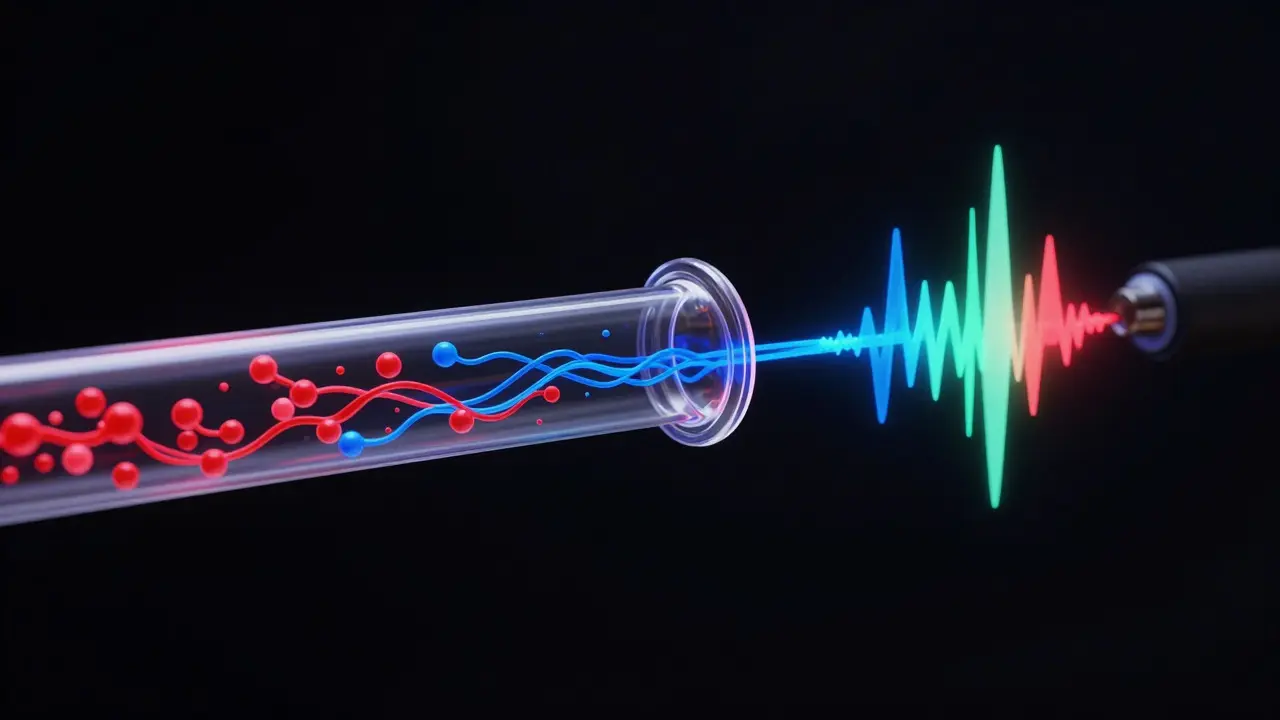 Conceptual art showing molecular separation in a chromatography column