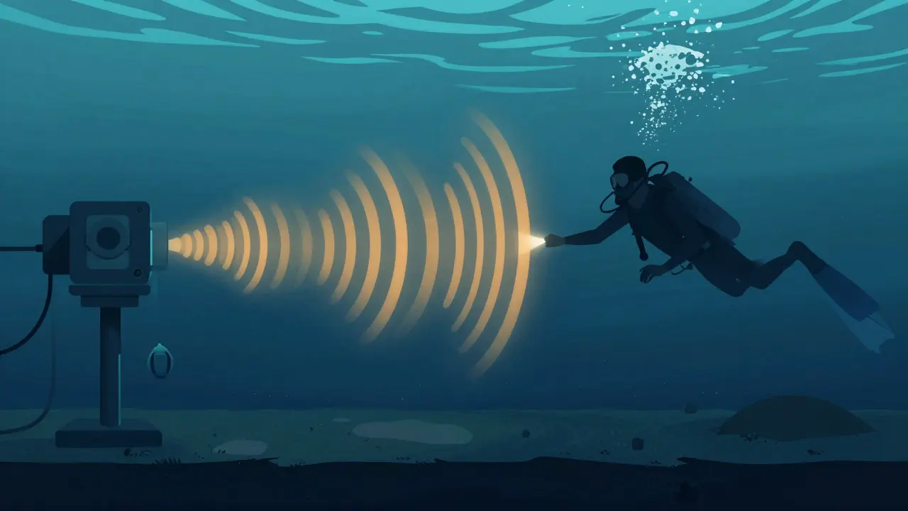 Conceptual art showing sonar waves guiding a diver to a submerged object