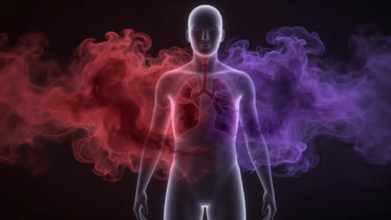 Conceptual art showing swirling red and purple vapors interacting around a human silhouette