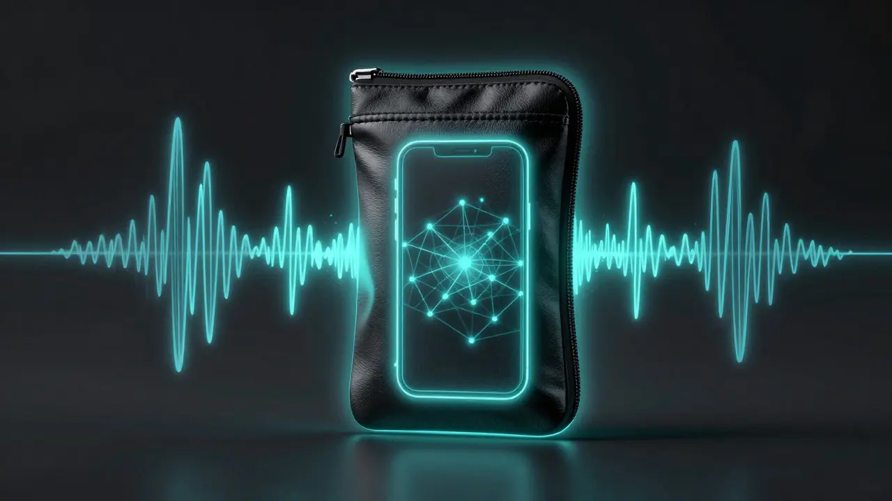 Conceptual illustration of a Faraday pouch blocking electromagnetic waves