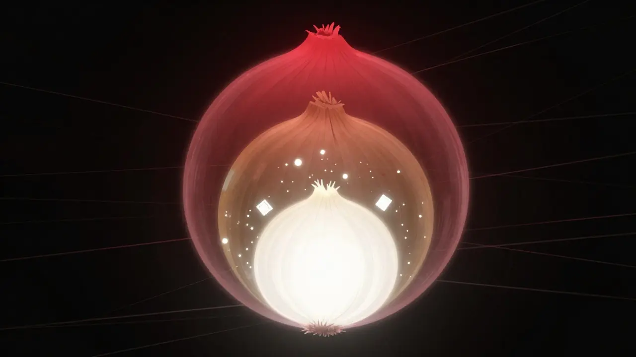 Conceptual illustration of layered onion routing for Tor network