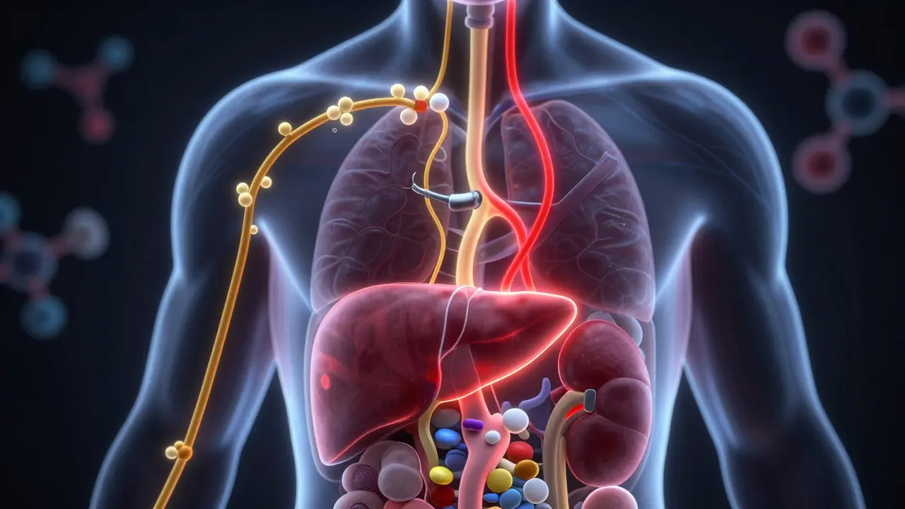 Conceptual illustration of opioid metabolic pathways inside a human body