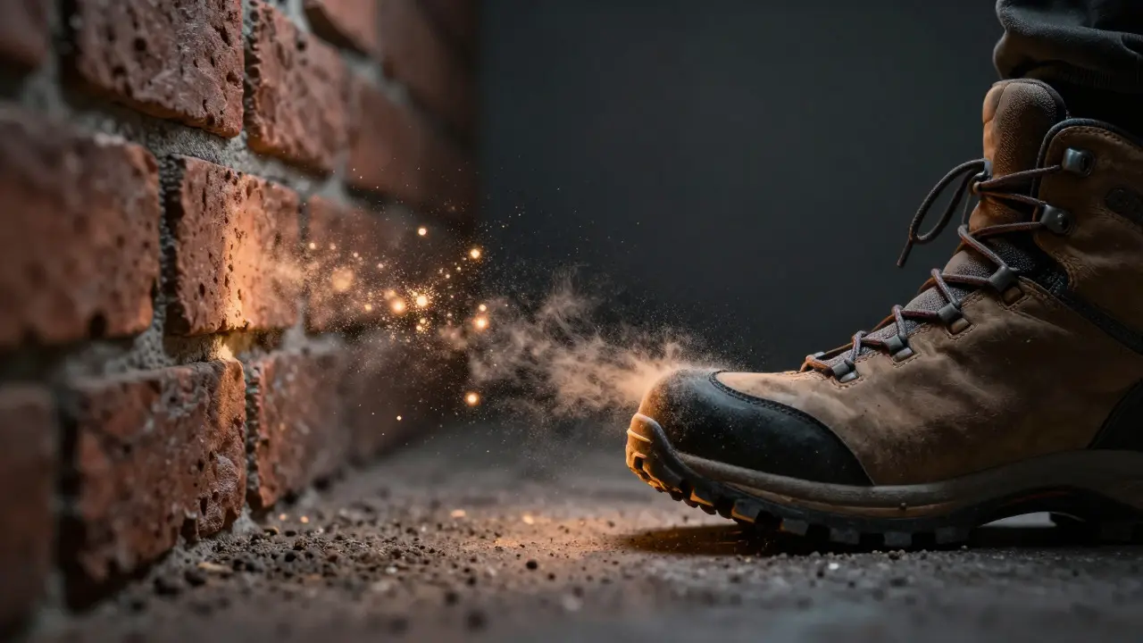 Conceptual illustration of particles transferring between a brick wall and a shoe sole