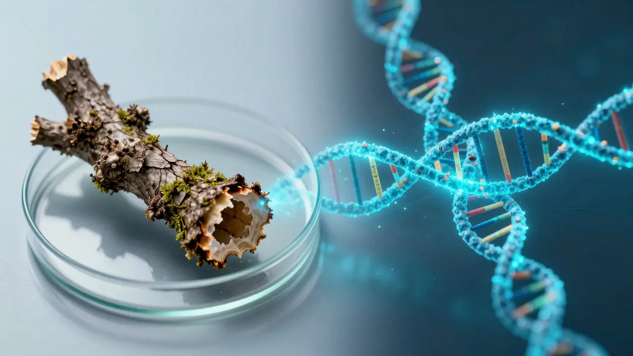 Conceptual illustration showing plant DNA extraction from a twig