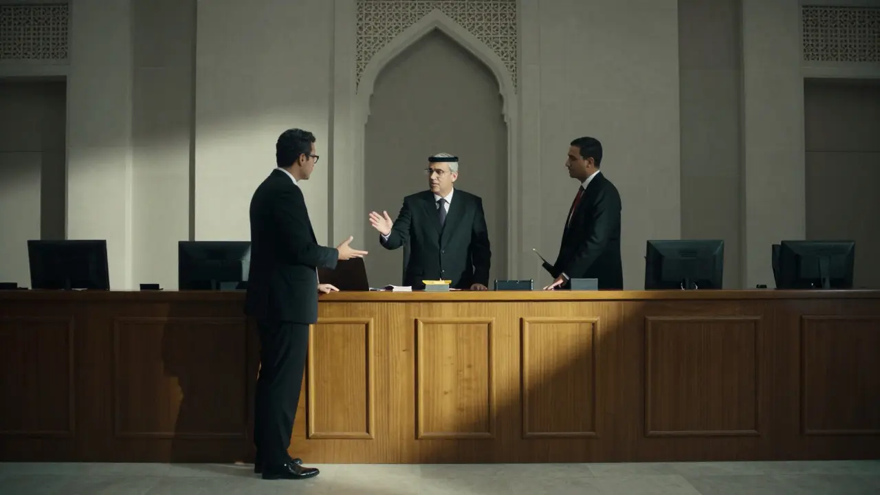 Courtroom scene where a lawyer challenges evidence integrity