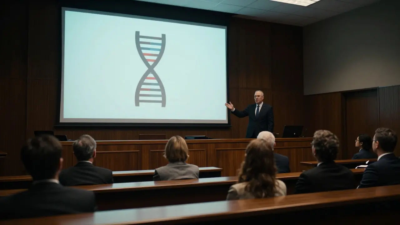 Courtroom scene with expert presenting DNA evidence to jury