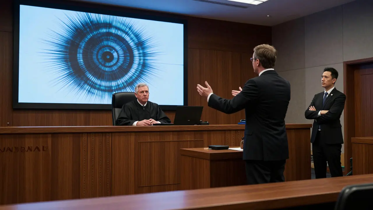 Courtroom scene with judge and forensic expert discussing ballistic evidence
