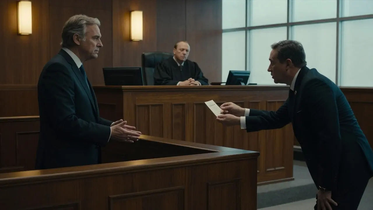 Courtroom scene with judge, prosecutor, and defense attorney reviewing evidence