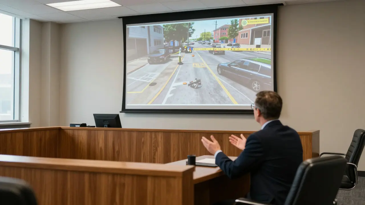 Courtroom view of an expert presenting a clear video reconstruction on a screen