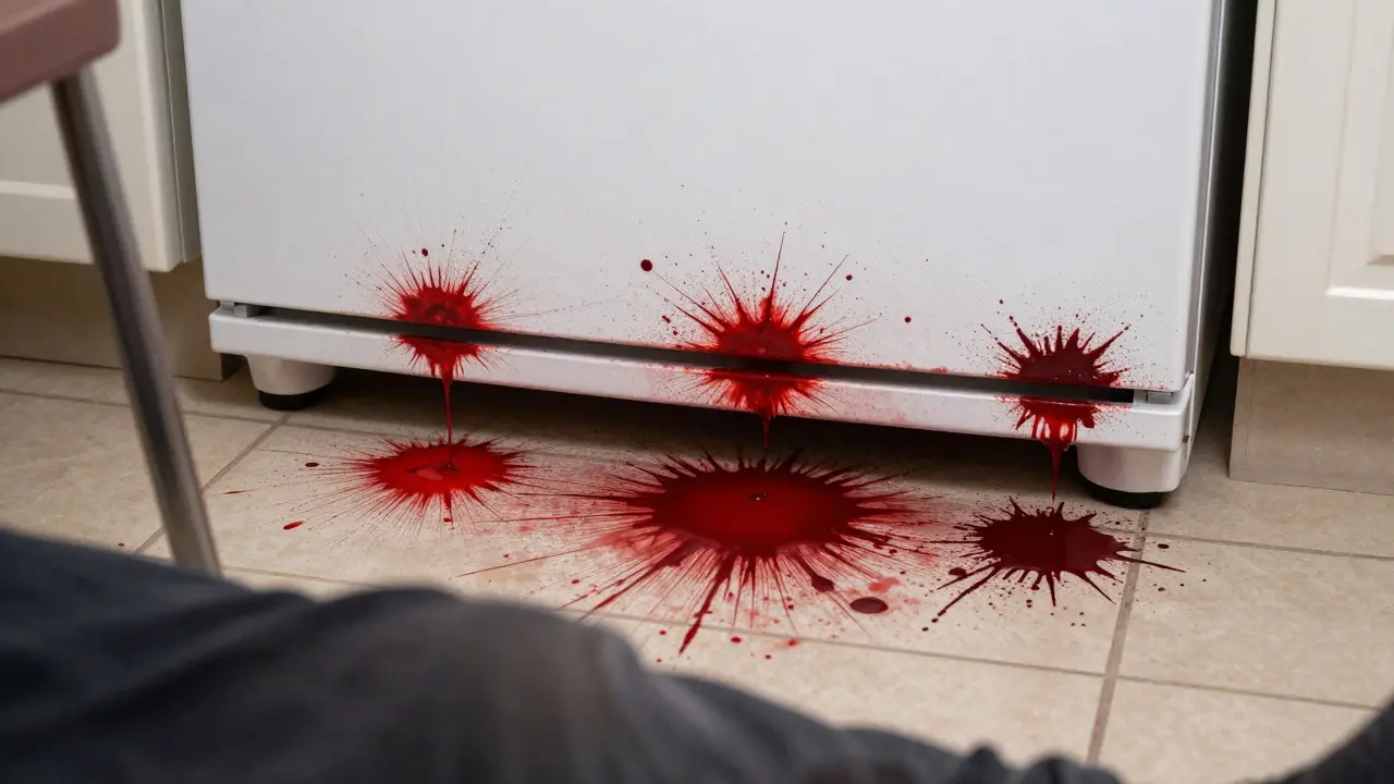 Crime scene photo of spatter clusters and a void on a kitchen wall near a victim