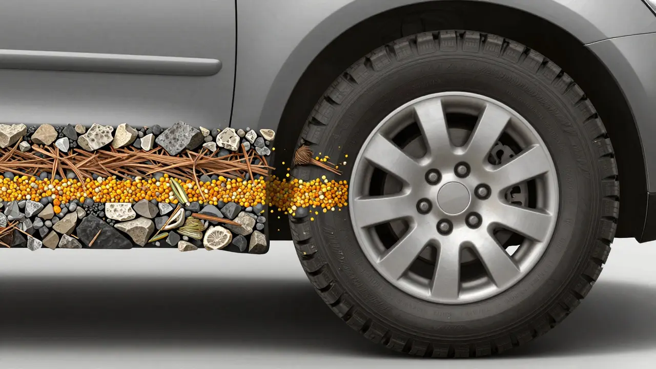 Cross-section illustration of a tire showing embedded soil, pine needles, and pollen grains.