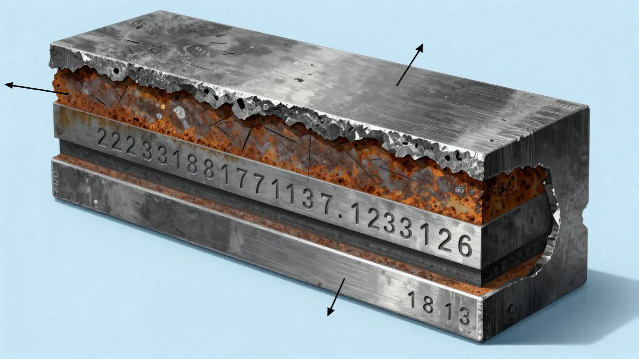 Cross-section illustration showing hidden serial numbers beneath damaged metal layers