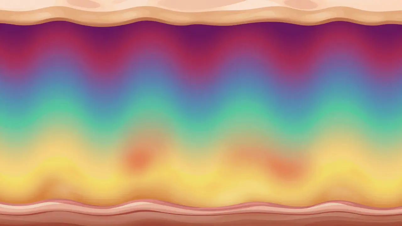 Cross-section of skin showing the color progression of a healing bruise