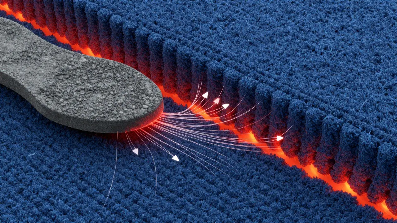 Cross-section visualization of friction causing fiber transfer between shoe and carpet